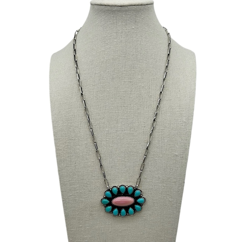 925 Sterling Silver Natural Pink Conch & Kingman Turquoise Cluster Clip Necklace